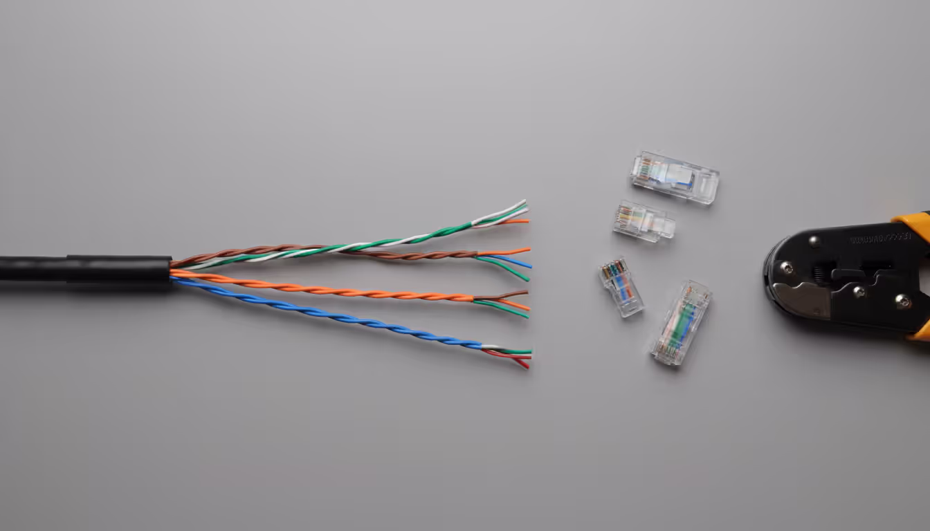Top view of a network technician workspace with an open Ethernet cable showing four twisted pairs in different colors, a crimping tool, and several RJ45 connectors