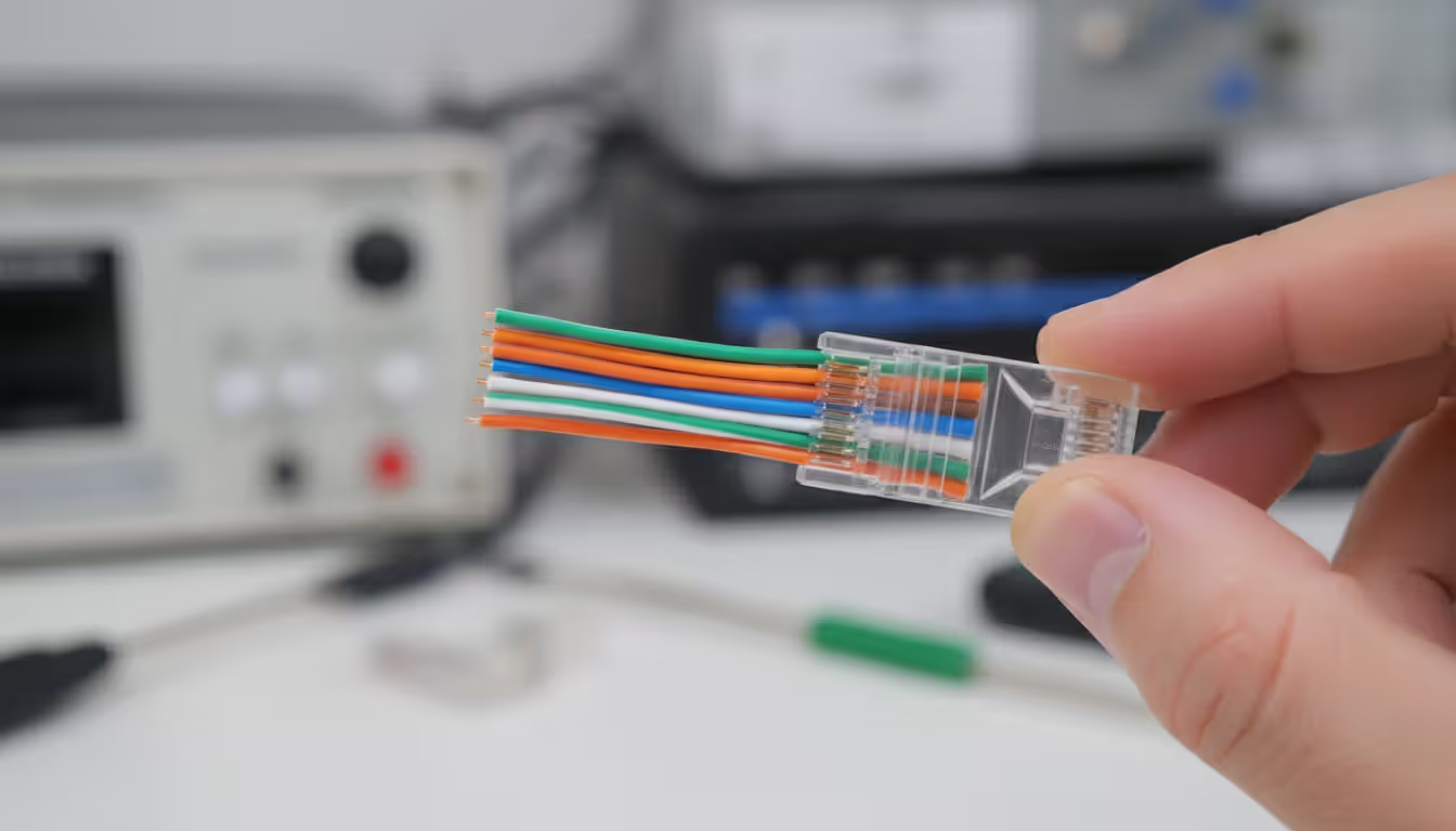 Technician hands inserting eight neatly aligned color-coded wires into a transparent RJ45 connector during cable termination