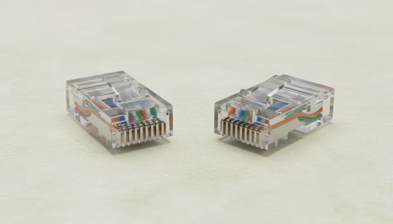 Side-by-side comparison of a correctly wired RJ45 connector with proper color sequence and an incorrectly wired connector with mixed-up wire colors