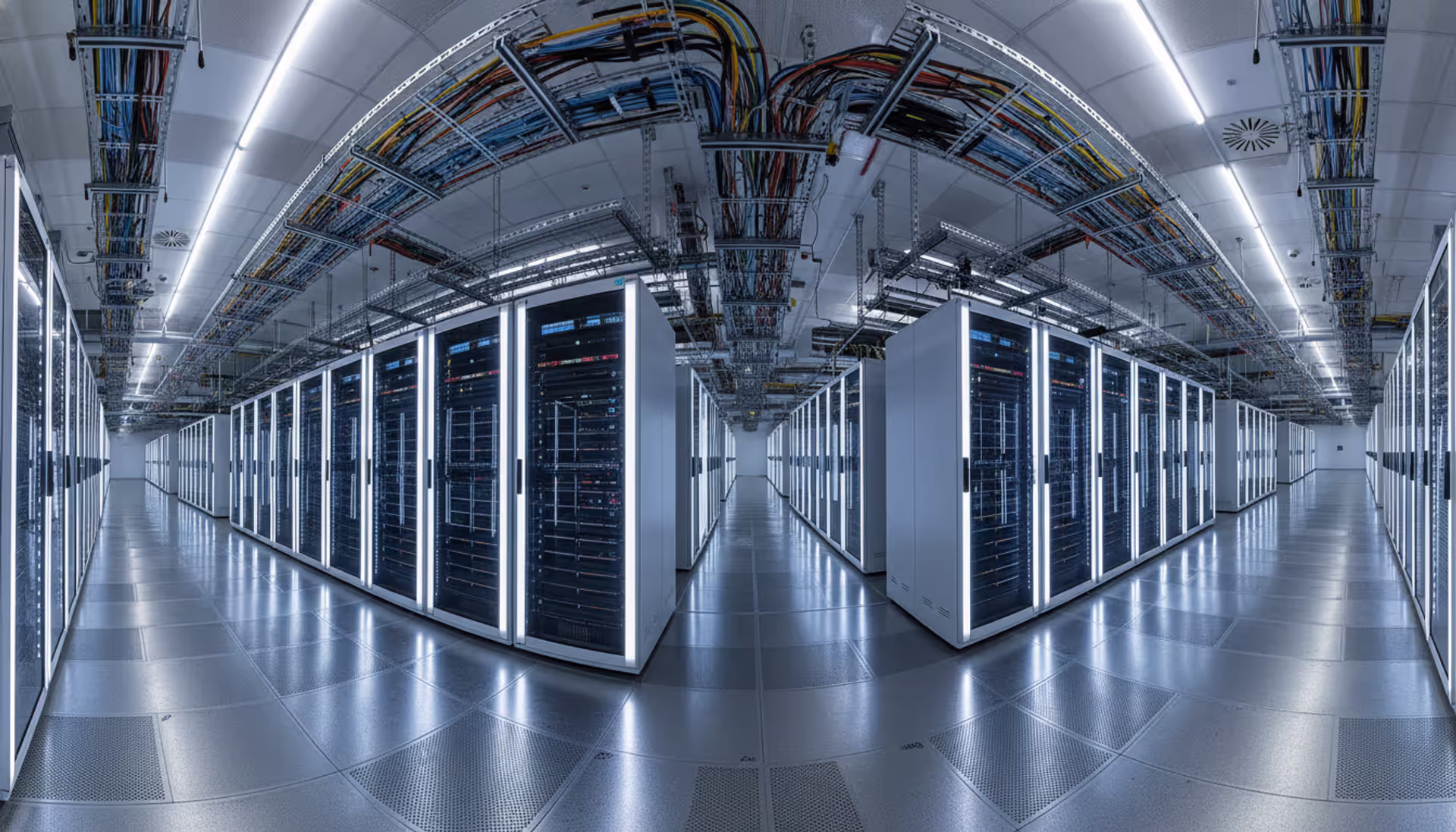 Panoramic view of a modern hyperscale cloud data center with long rows of illuminated server racks, cable trays on the ceiling, and perforated floor tiles