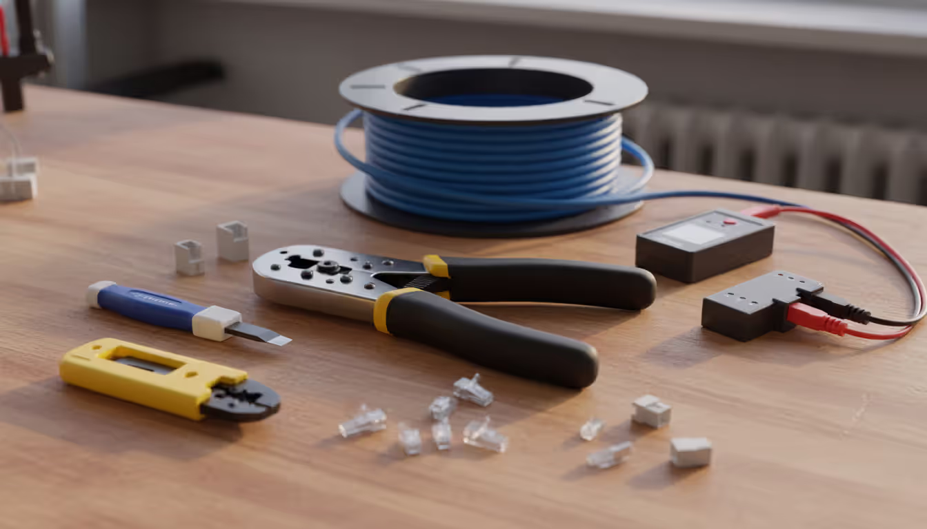 Ethernet installation toolkit on wooden workbench including ratcheting crimper, cable stripper, punch-down tool, cable tester, RJ45 connectors, and blue Cat6 cable spool