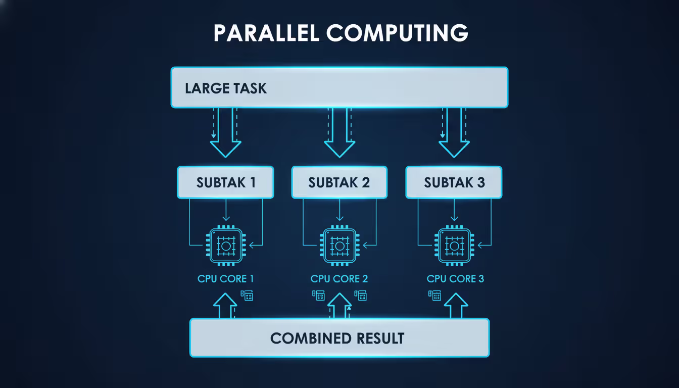 Infographic showing parallel processing concept with a large task split into smaller subtasks processed by multiple CPU cores simultaneously