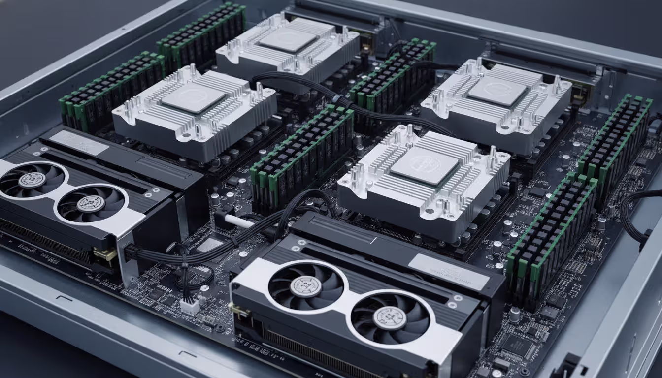 Close-up view of HPC compute node interior showing CPUs, RAM modules, heatsinks, and GPU accelerators installed on a server motherboard