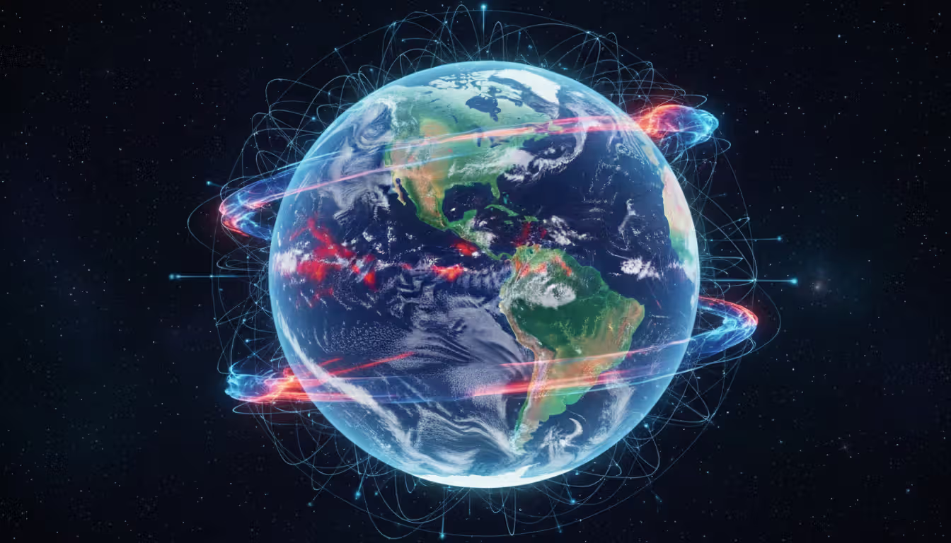 3D visualization of Earth climate simulation model showing atmospheric temperature layers and ocean current patterns on a translucent globe