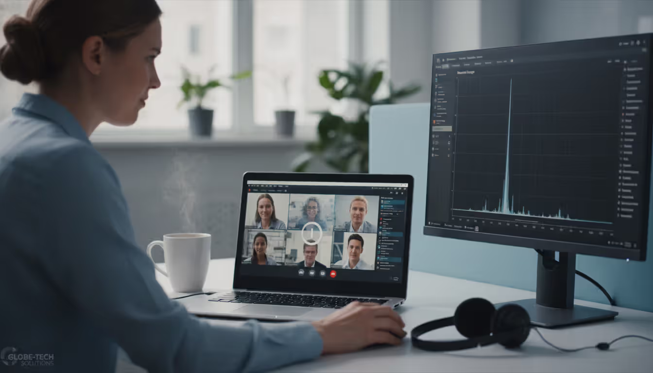 Office worker frustrated by frozen video conference on laptop while second monitor shows a spike in network bandwidth usage graph