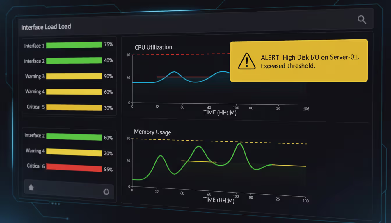 Dark-themed network monitoring dashboard showing interface utilization bars in green yellow and red colors with threshold lines and a warning alert notification popup