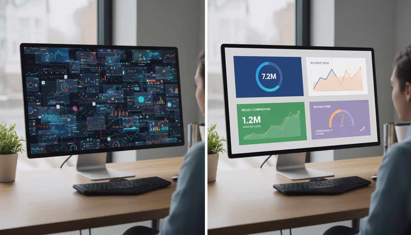Split view comparison of two monitors one showing cluttered overwhelming network metrics and alerts versus another showing a clean organized dashboard with only key performance indicators