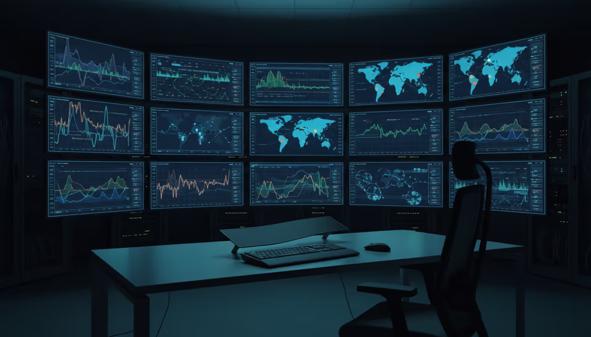Network operations center with multiple large screens displaying bandwidth utilization graphs and network topology maps in a dark room with blue ambient lighting