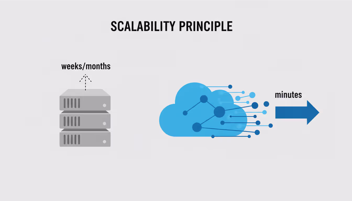 Infographic comparing on-premise scaling with physical servers taking weeks versus cloud scaling with virtual nodes appearing in minutes