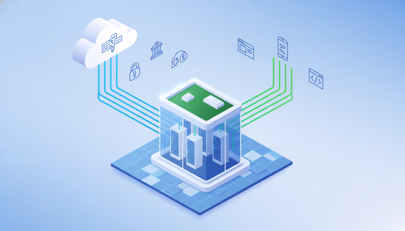 Isometric illustration of a hybrid IT infrastructure with an office building connecting to both an on-premise server rack and a cloud symbol showing different workload types