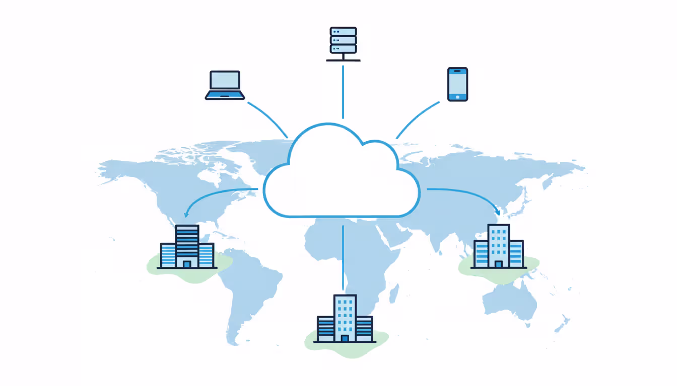 Infographic showing how public cloud storage works: devices connect to a central cloud linked to multiple data centers across a world map