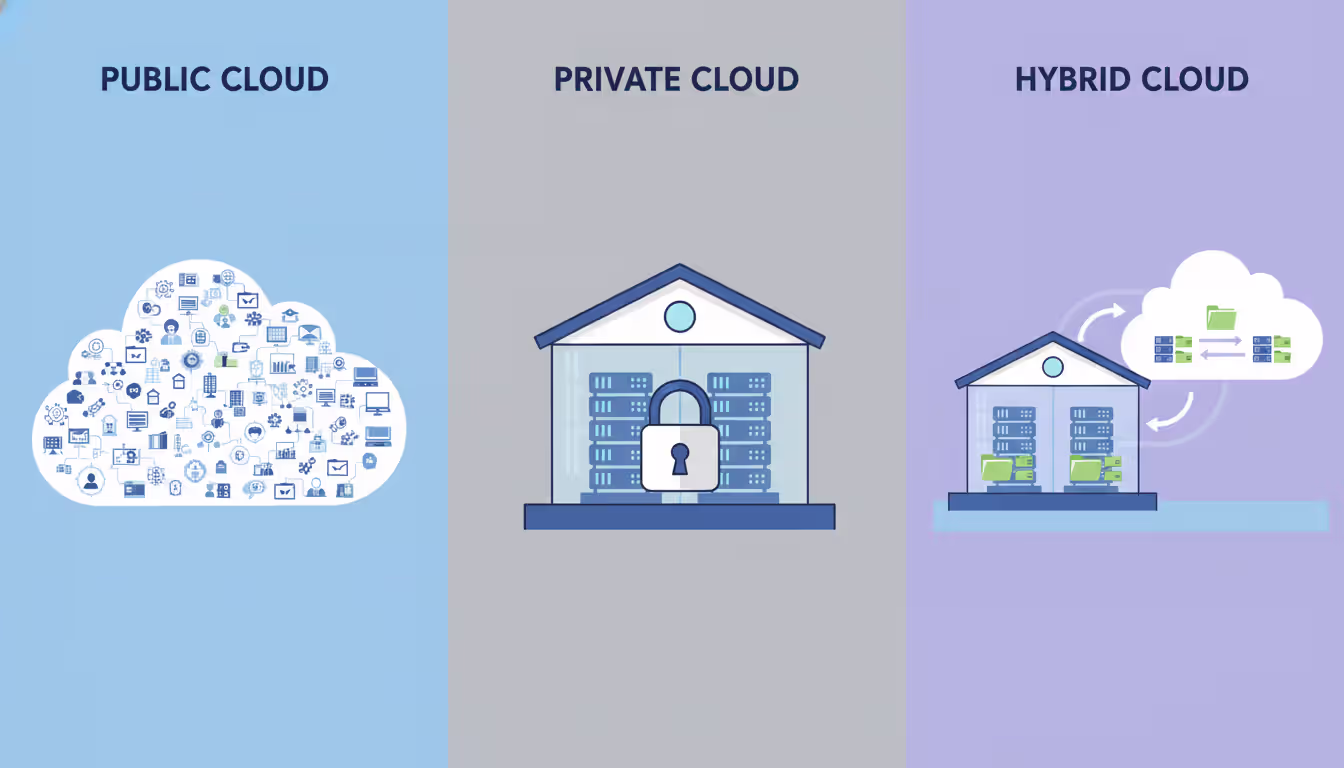 Three-column infographic comparing public, private, and hybrid cloud models with icons representing shared infrastructure, dedicated servers, and mixed architecture