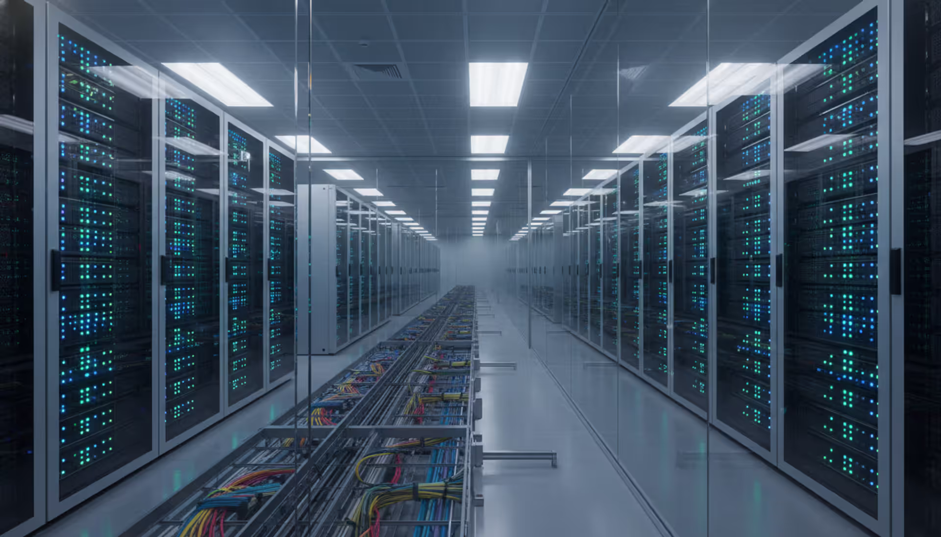 Modern large-scale cloud data center interior with rows of illuminated server racks, blue and green LED indicators, cable management systems, and glass partitions