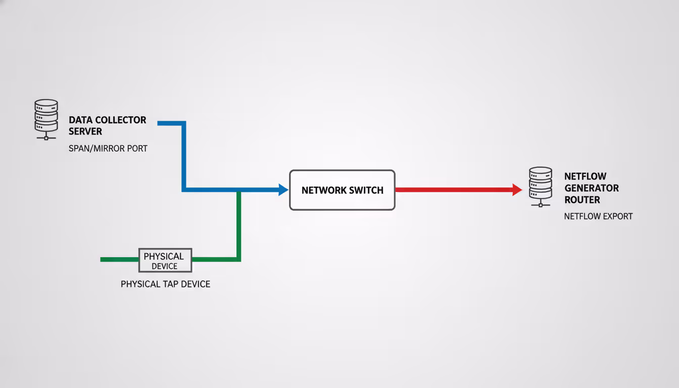 Technical diagram showing network traffic collection methods including SPAN port mirroring, network TAP device, and NetFlow export from router
