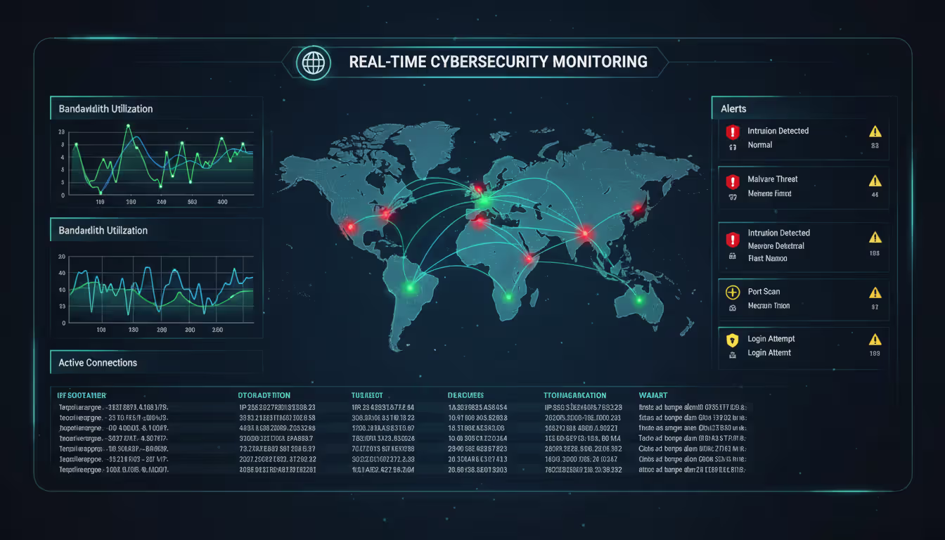 Dark-themed network monitoring dashboard showing real-time traffic graphs, network map with highlighted anomalies, and active connection list