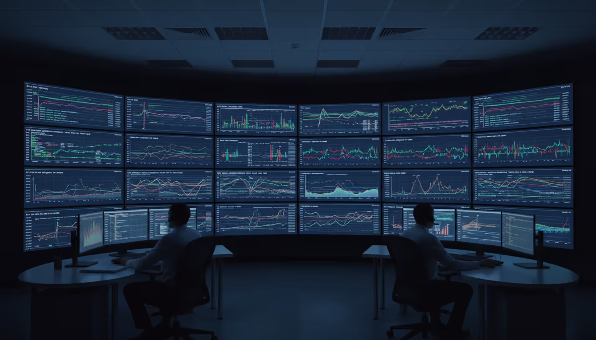 Modern network operations center with engineers monitoring real-time traffic dashboards on multiple large screens