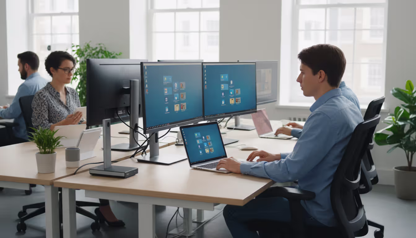 Open office workspace with employees using thin clients, tablets, and laptops all displaying identical Windows virtual desktop interfaces