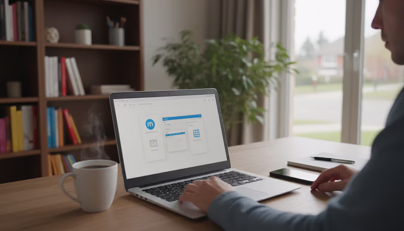 Remote worker at home desk using a laptop displaying a virtual desktop environment with corporate applications, coffee cup and smartphone nearby