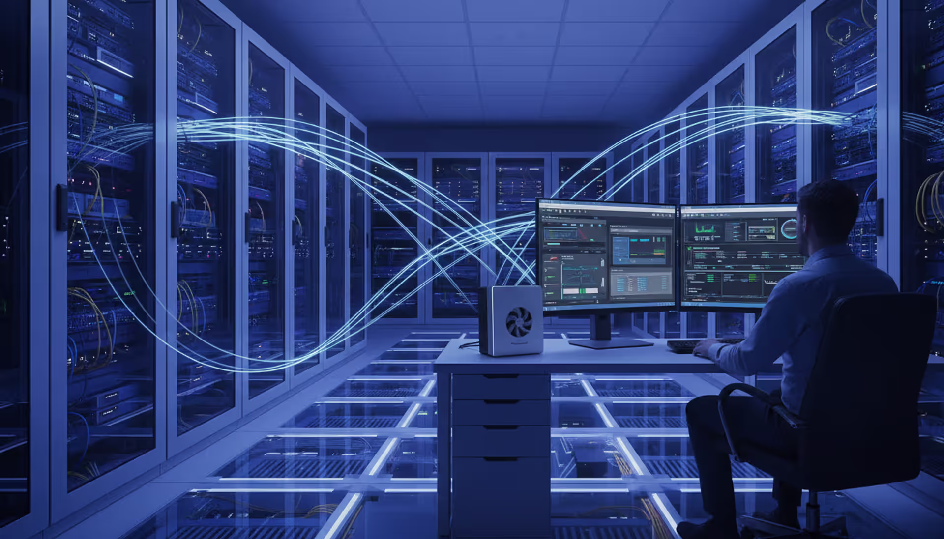 Modern server room with blue-lit server racks connected by glowing data streams to a thin client monitor displaying a Windows desktop in a corporate office setting