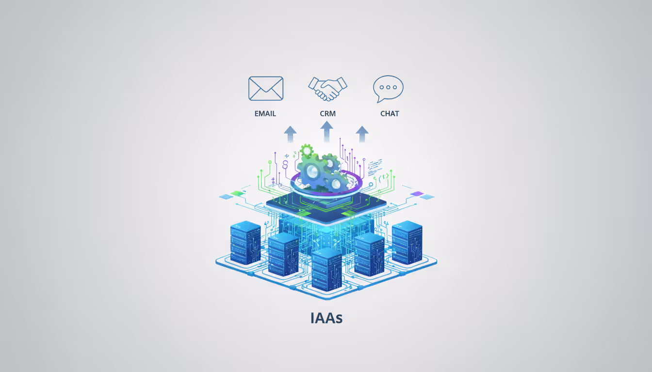 Infographic of three cloud service layers: IaaS servers at bottom, PaaS platform in middle, SaaS applications on top, connected by arrows