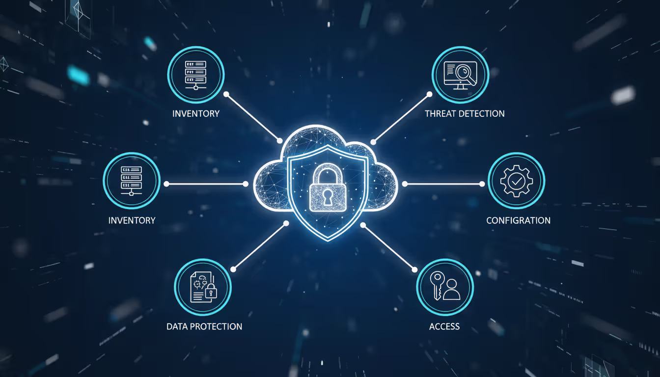 Cloud security assessment diagram with central shield icon connected to five audit categories on dark blue background