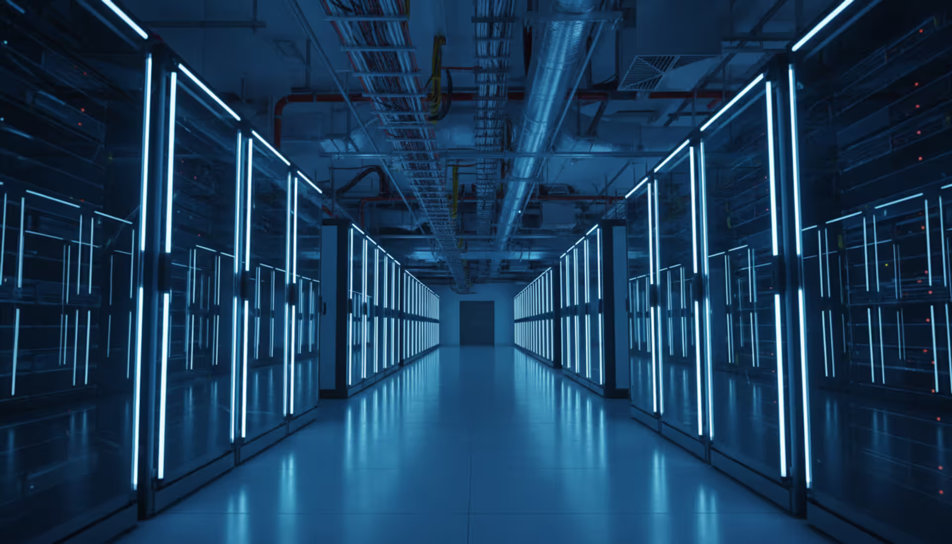 Modern data center with rows of server racks illuminated in blue neon light, clean aisle with reflective floor