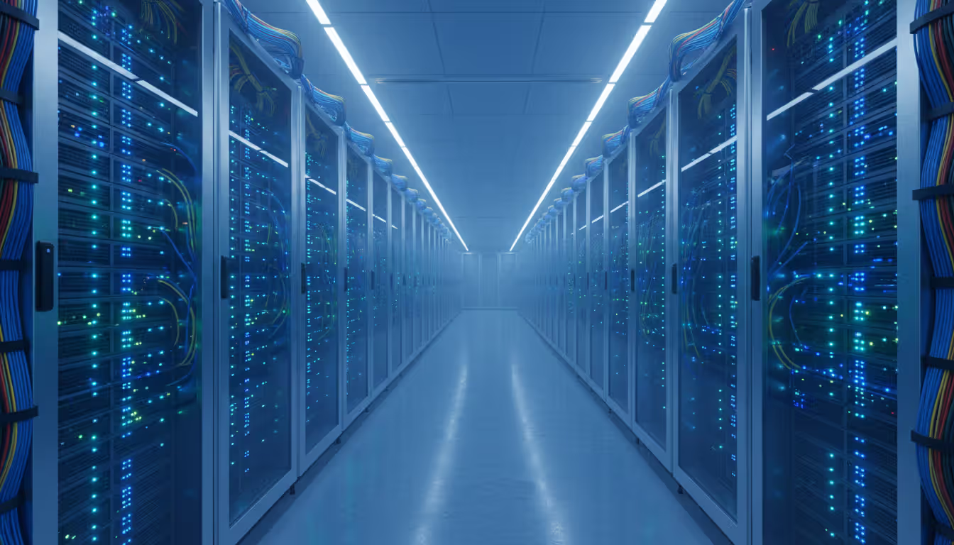 Interior of a large data center with rows of server racks, blue and green indicator lights, neatly organized cables, cool blue ambient lighting, deep perspective view