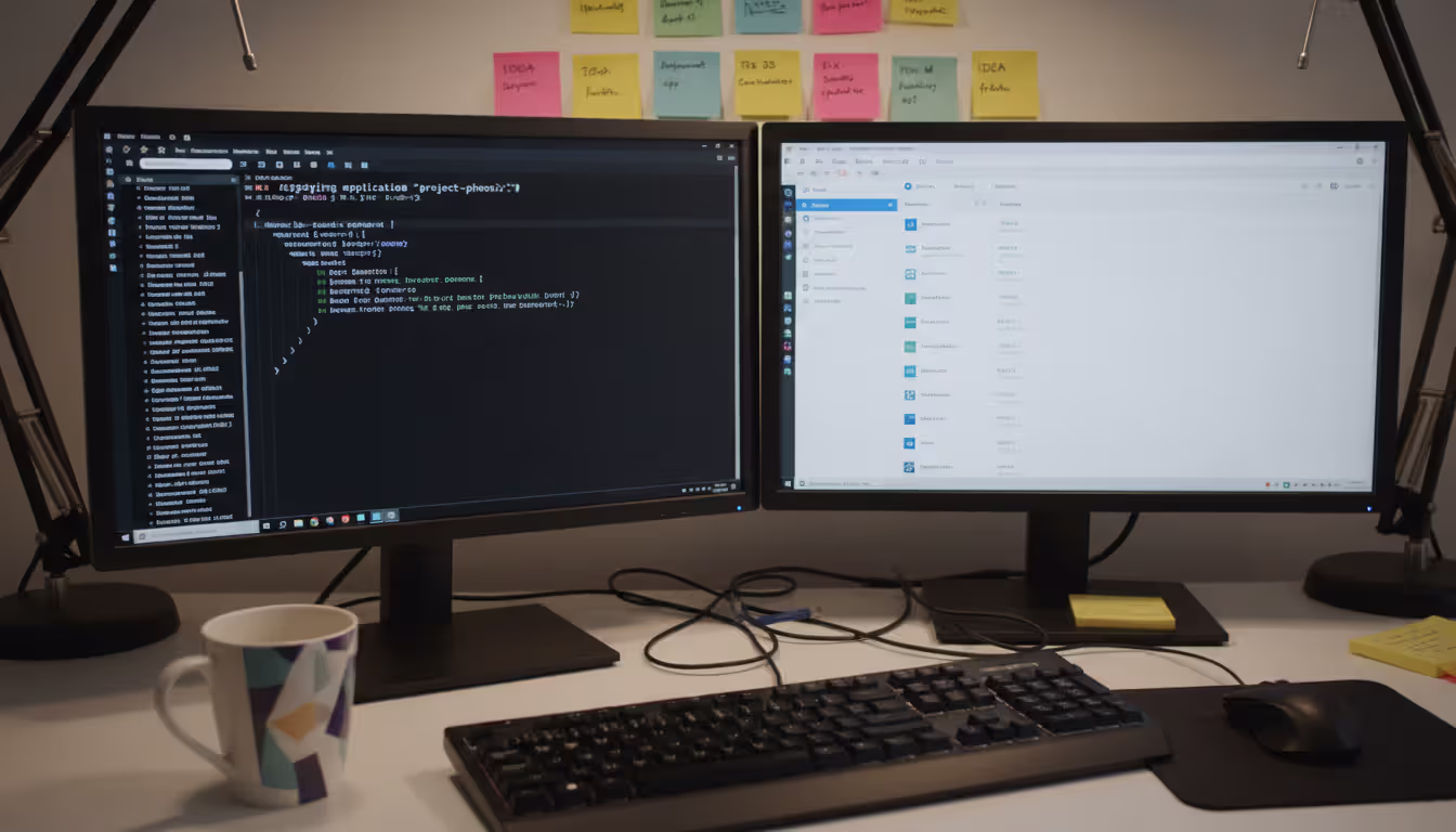 Software developer at desk with two monitors showing terminal with deployment commands and a cloud PaaS platform dashboard, coffee mug nearby, sticky notes on wall