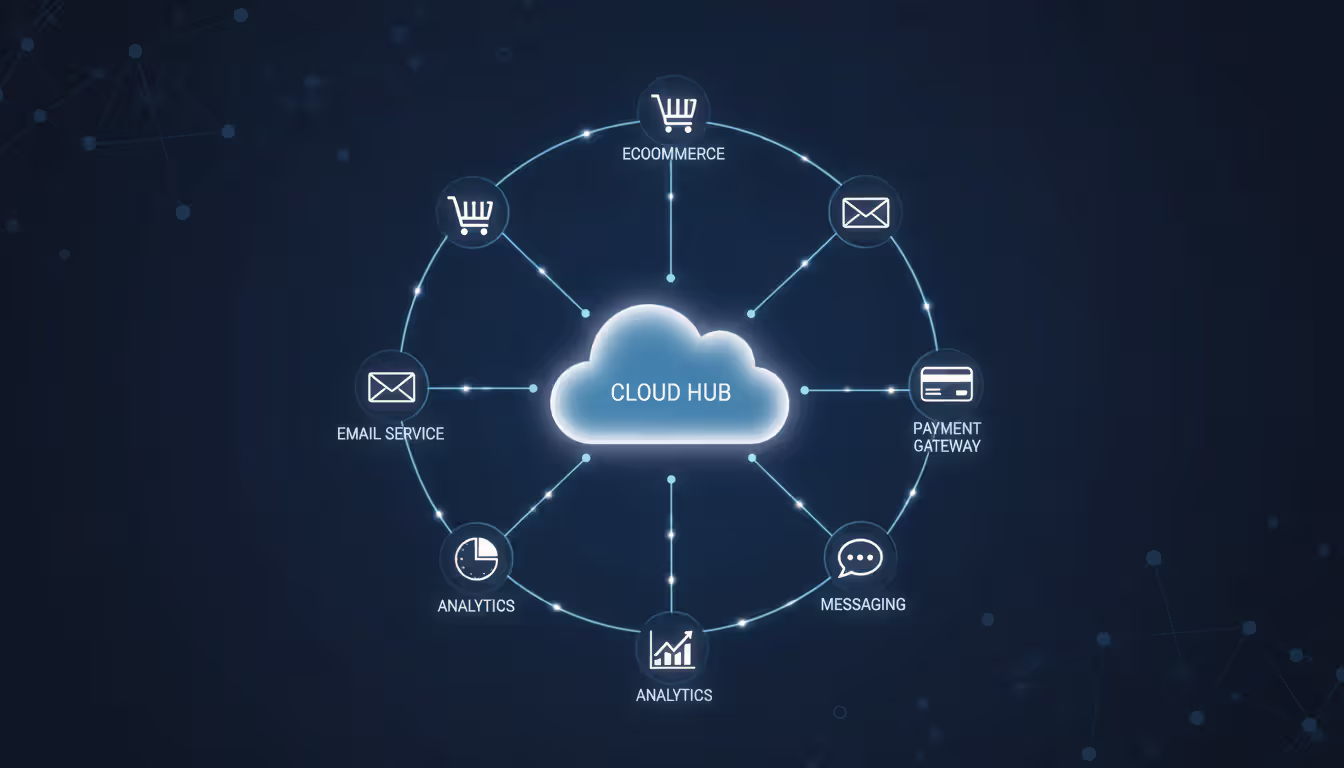 Abstract diagram of cloud services integration with a central cloud hub connected by glowing data flow lines to icons representing e-commerce, email, payment, analytics, and chat on a dark blue background