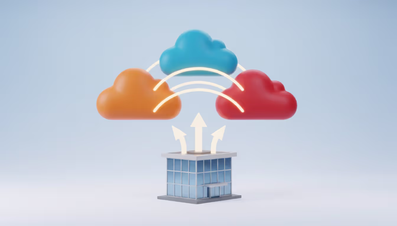 Three-dimensional illustration of multi-cloud strategy with three colored clouds in orange blue and red connected by bridge lines, a stylized office building below with arrows pointing to each cloud, light gradient background