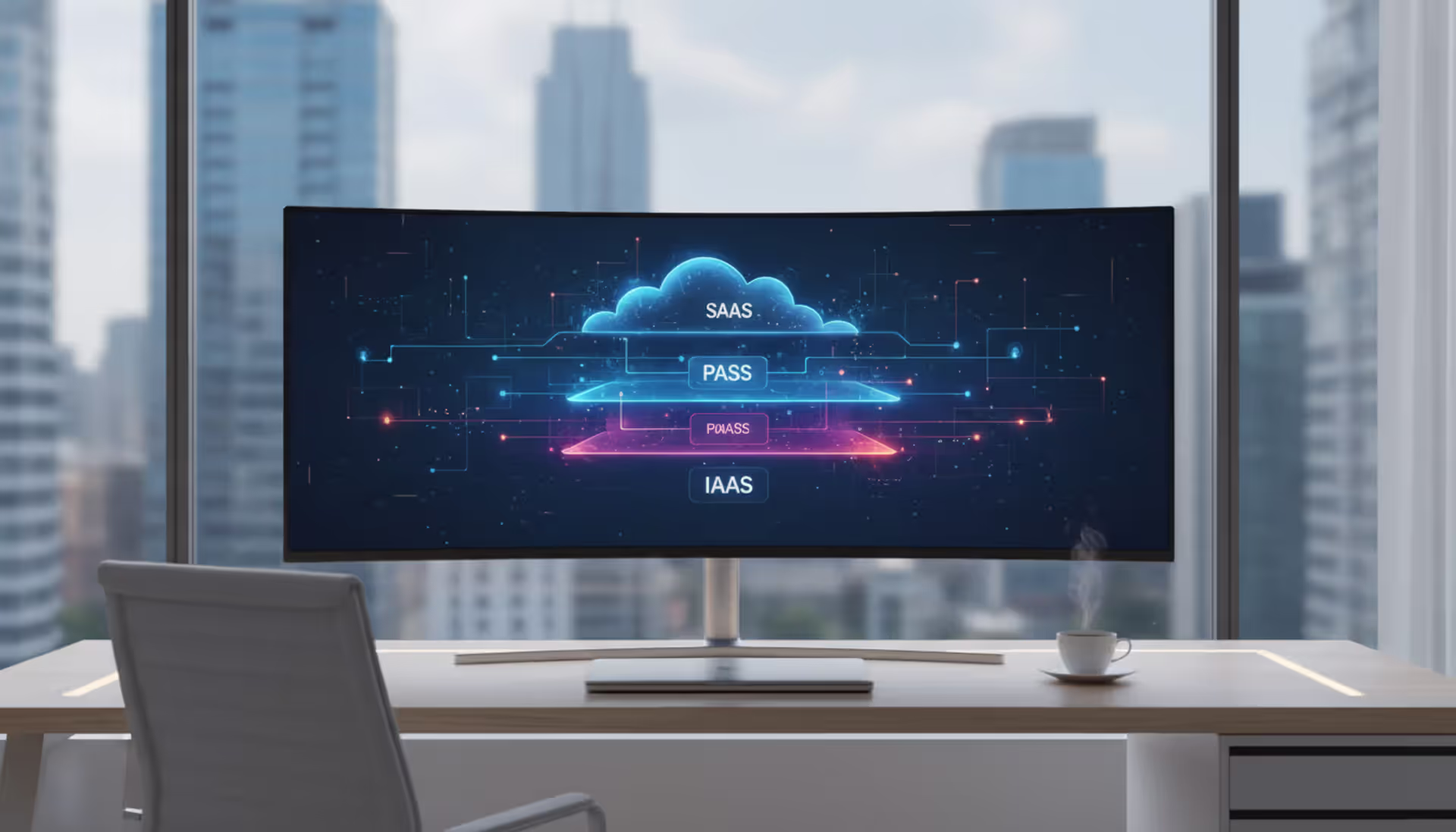 Modern workspace with a monitor displaying a three-layer cloud infrastructure diagram showing IaaS PaaS and SaaS connected by lines, laptop and coffee cup on desk, city skyline through window