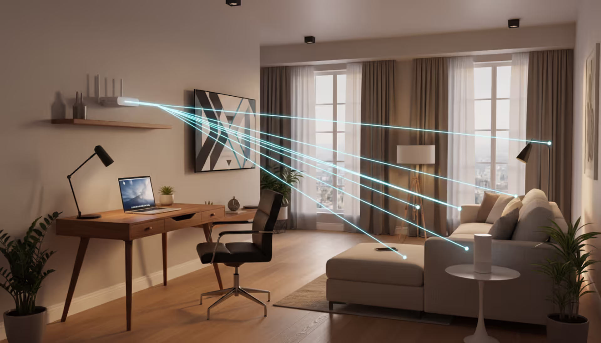 Modern living room with a Wi-Fi router on a shelf sending wireless signal lines to a laptop, smartphone, smart TV, and smart speaker in a cozy home interior