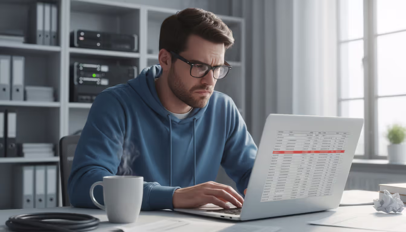 Frustrated IT administrator looking at laptop screen showing spreadsheet with highlighted IP address conflicts in office environment