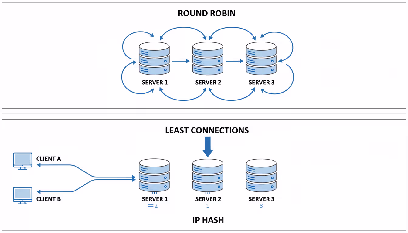 Technical diagram showing three load balancing algorithms side by side: Round Robin with sequential arrows, Least Connections pointing to least busy server, and IP Hash routing same client to same server