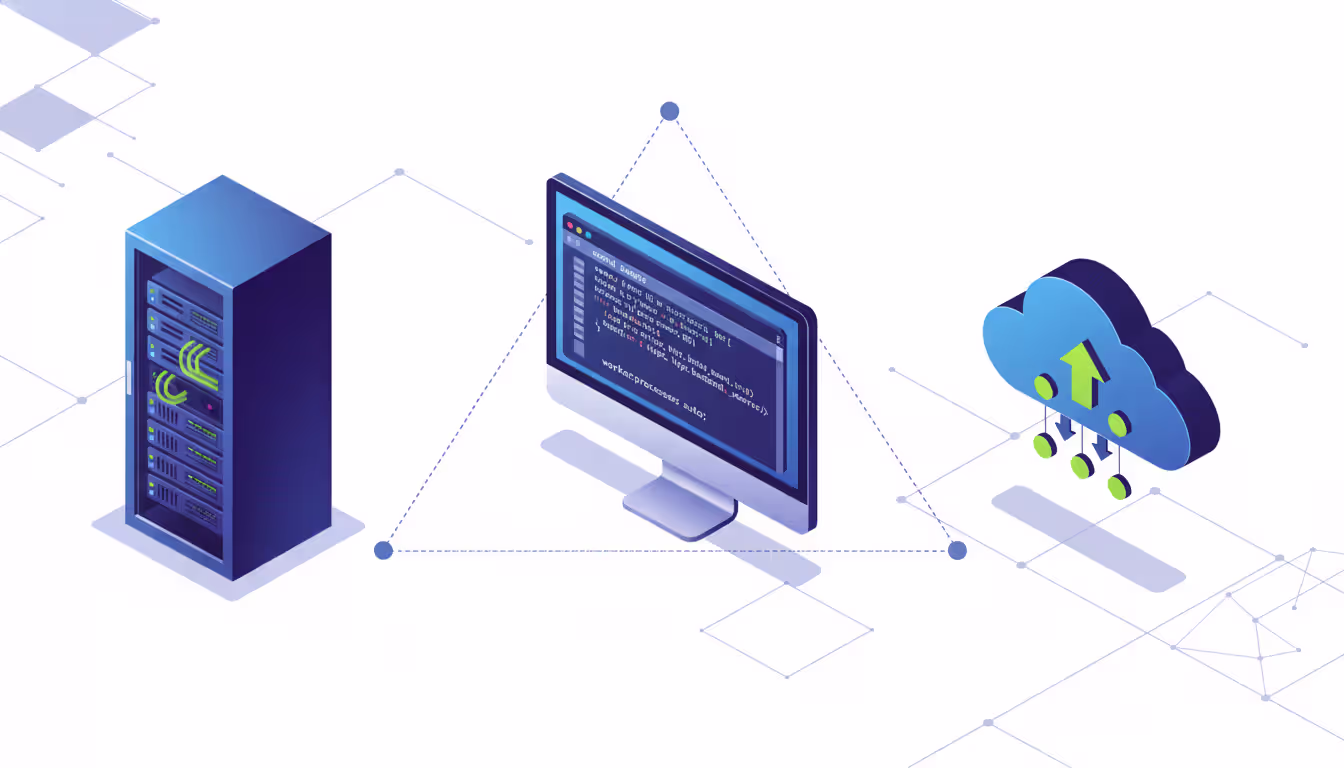 Isometric illustration showing three load balancing approaches: hardware appliance in server rack, software on virtual machine with terminal, and cloud icon with auto-scaling symbols connected by dotted lines