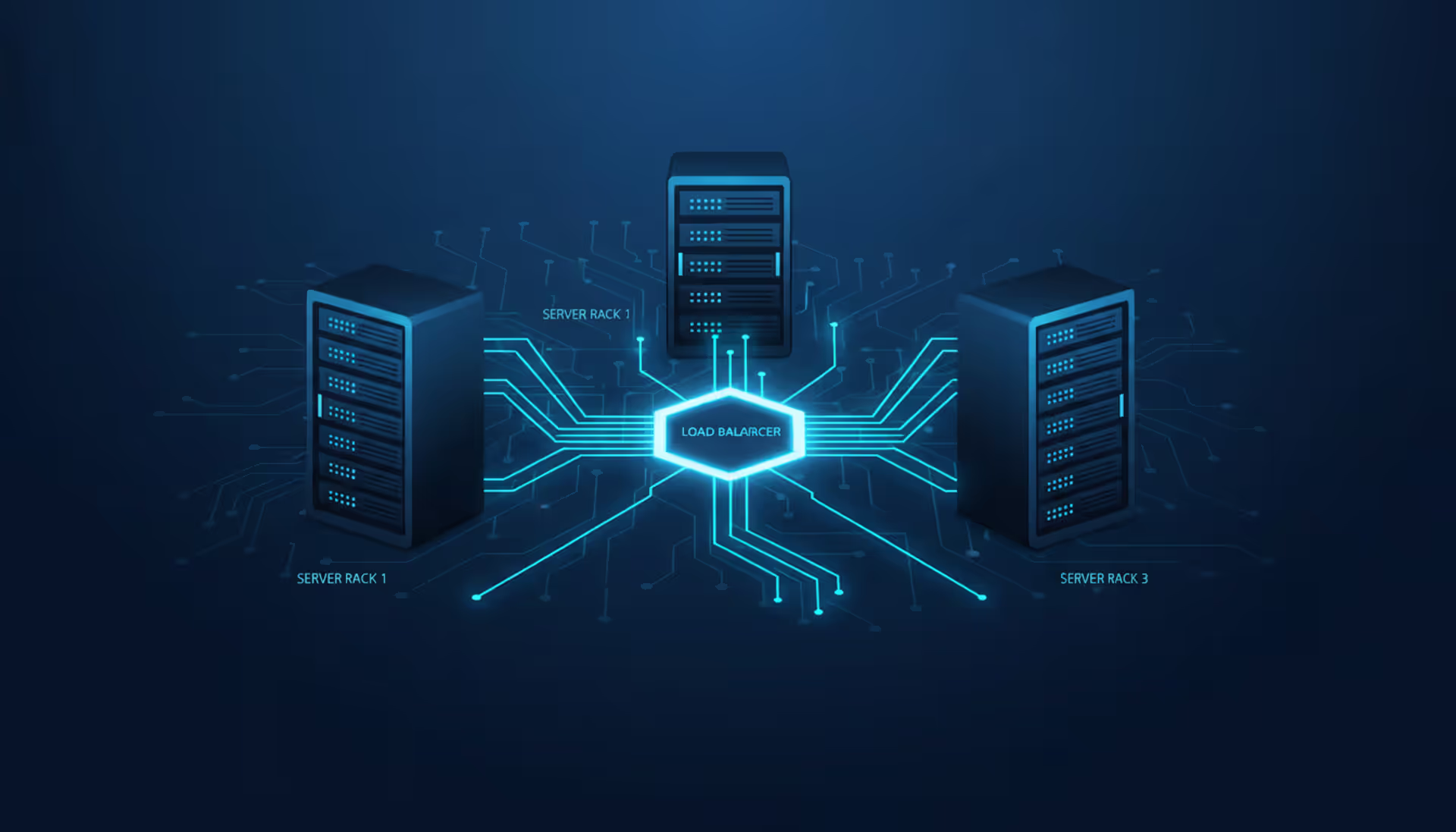 Load balancer node distributing glowing data streams to multiple server racks in a modern dark blue technical infographic style
