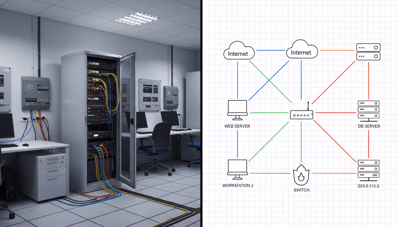 Split comparison showing physical network layout with real office equipment on the left and logical network diagram with device icons and IP addresses on the right