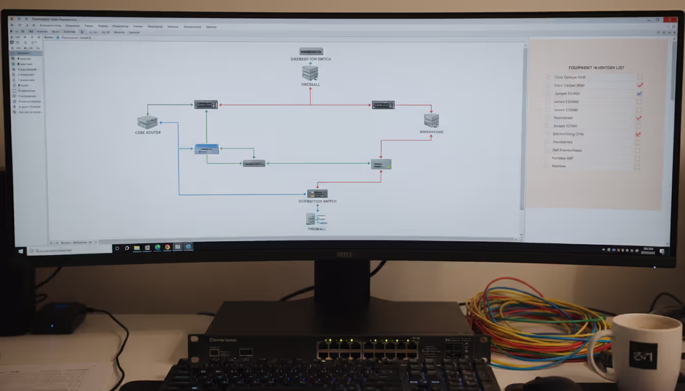 IT specialist desk with network diagram editor on monitor, printed equipment inventory checklist, and network switch with patch cables on the table