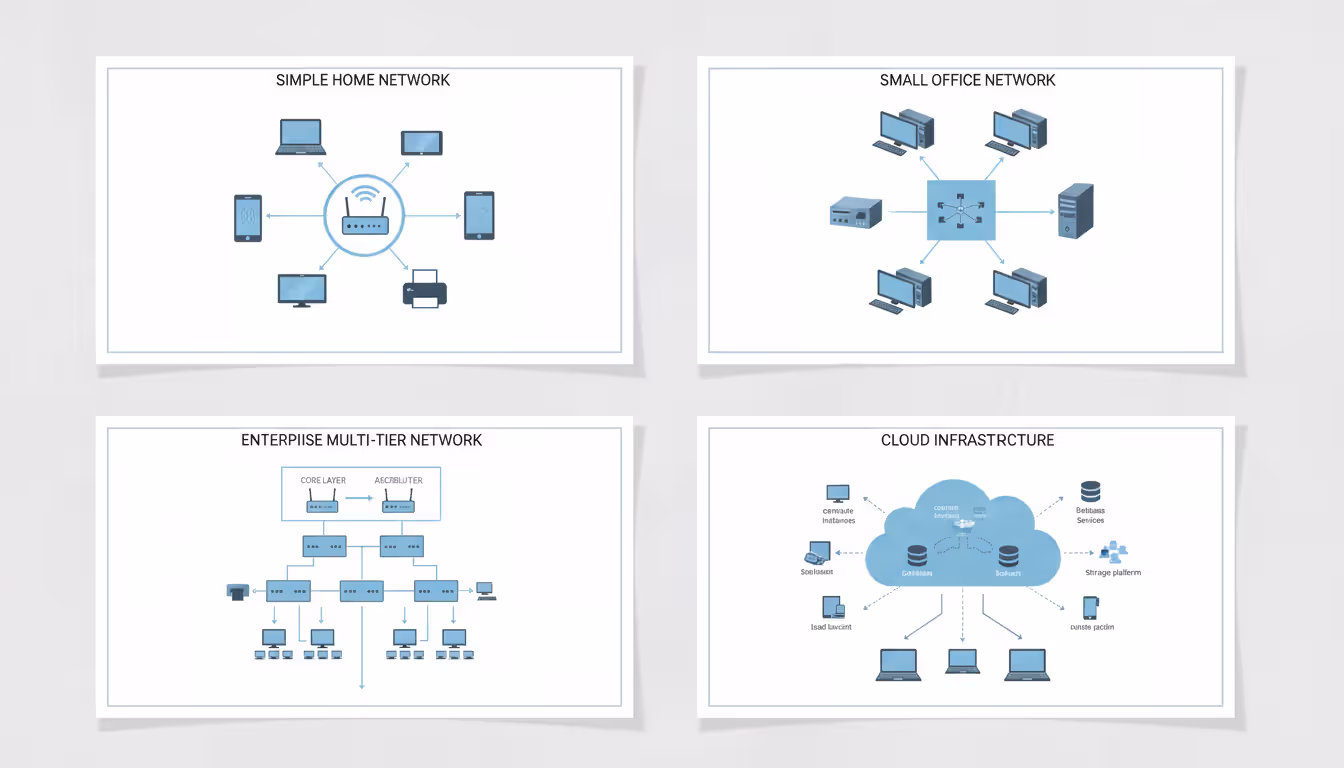 Four network diagram templates in a grid layout showing home network, small office network, enterprise hierarchical network, and cloud infrastructure diagrams