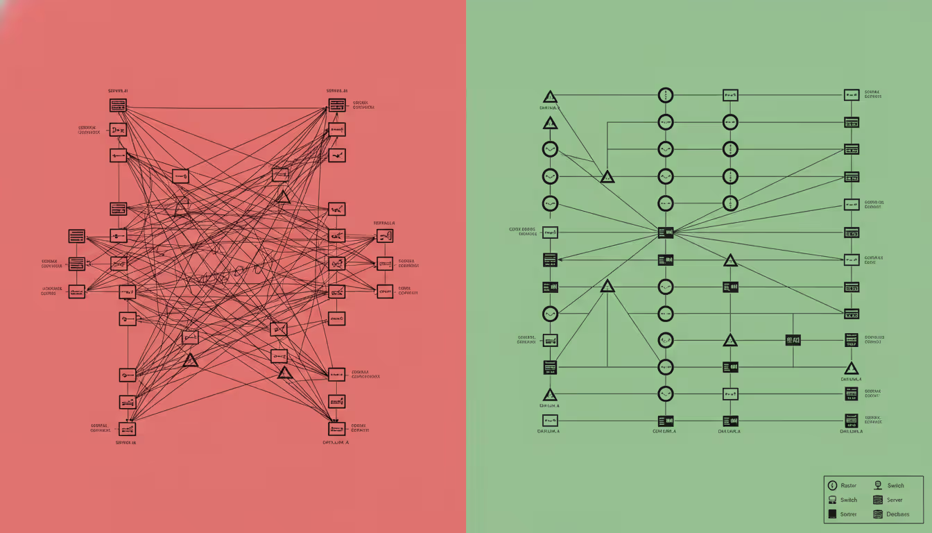 Side by side comparison of a cluttered chaotic network diagram with crossing lines and missing labels versus a clean organized diagram with consistent icons and proper legend