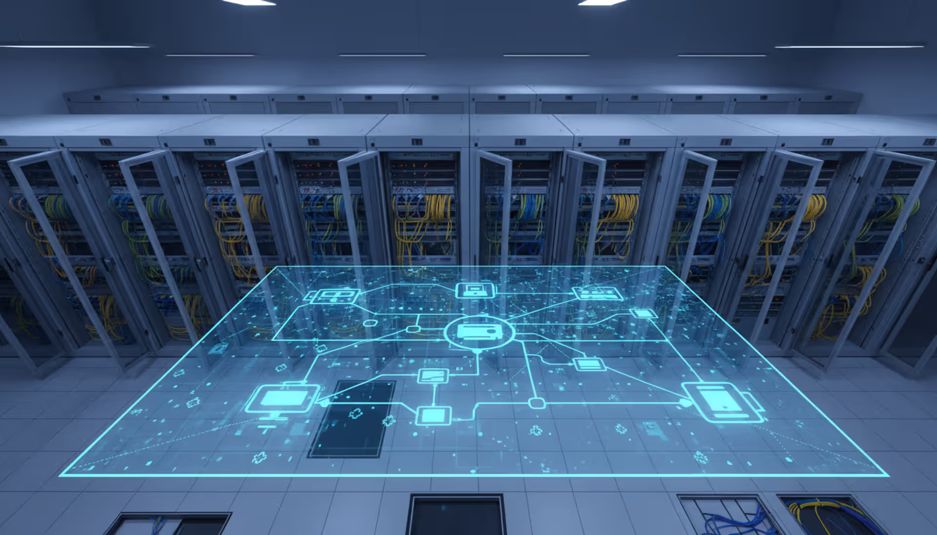 Overhead view of a modern server room with colorful network cables connected to rack-mounted switches and a holographic network diagram overlay