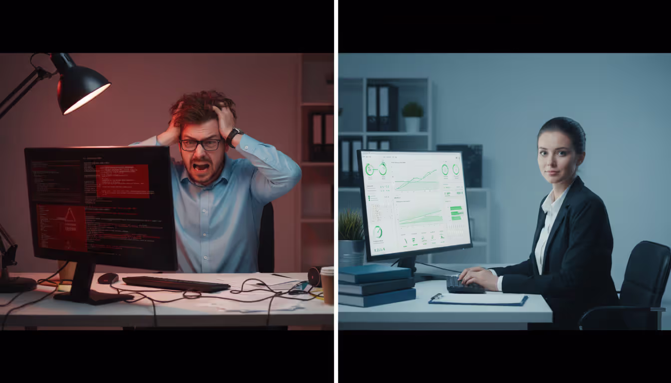 Split comparison image showing a stressed IT worker with red error alerts on the left versus a calm engineer viewing a healthy green network dashboard on the right