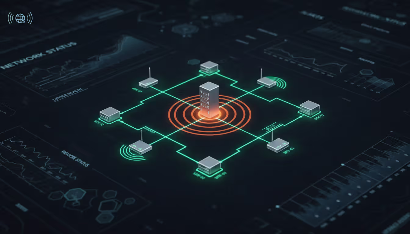 Network topology visualization showing interconnected routers switches and servers with one device highlighted in orange emitting alert waves while others glow green on a dark monitoring dashboard background