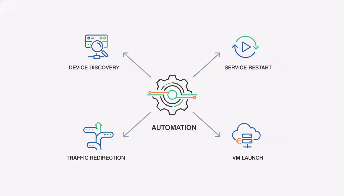 Infographic style illustration of network automation showing a central gear mechanism with arrows pointing to icons representing device discovery service restart traffic rerouting and virtual machine deployment on a clean light background
