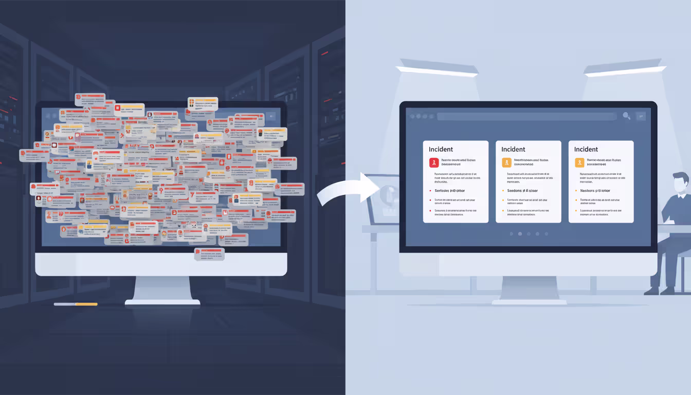 Before and after comparison of alert fatigue showing a monitor overwhelmed with dozens of chaotic red and yellow notifications on the left transforming into a clean organized display with a few prioritized incident cards on the right
