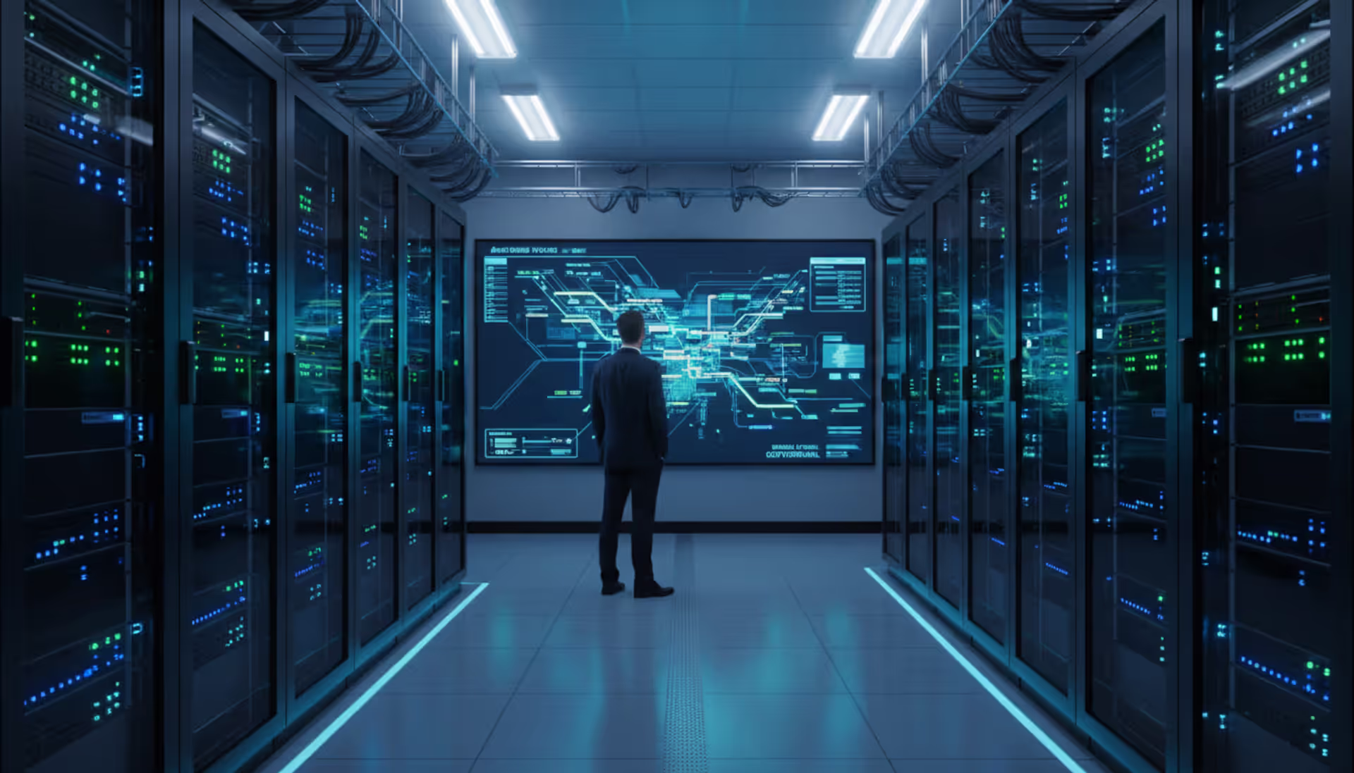 IT engineer standing in a modern server room monitoring a large network topology map displayed on a wall-mounted screen with glowing rack equipment in the background