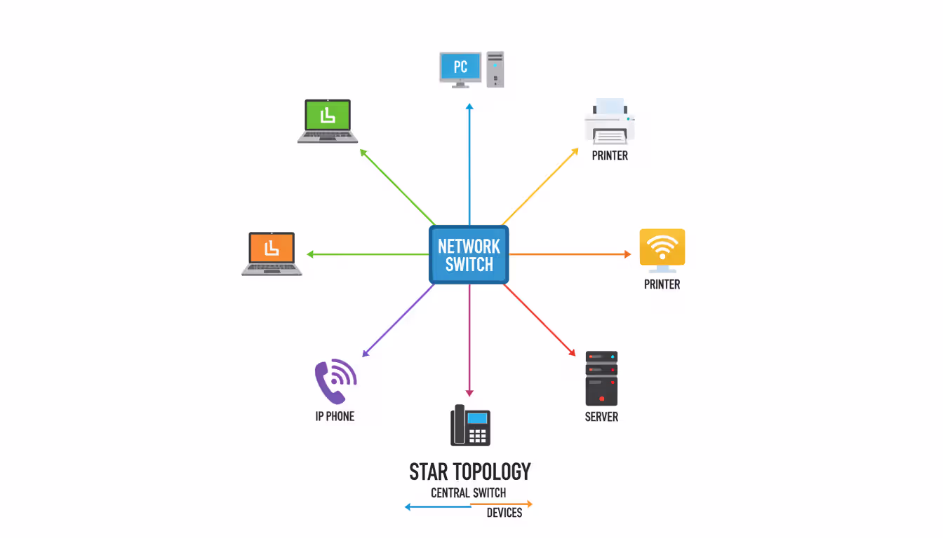Star network topology diagram showing a central switch connected by individual cables to surrounding devices including laptops, desktops, a printer, a server, and an IP phone