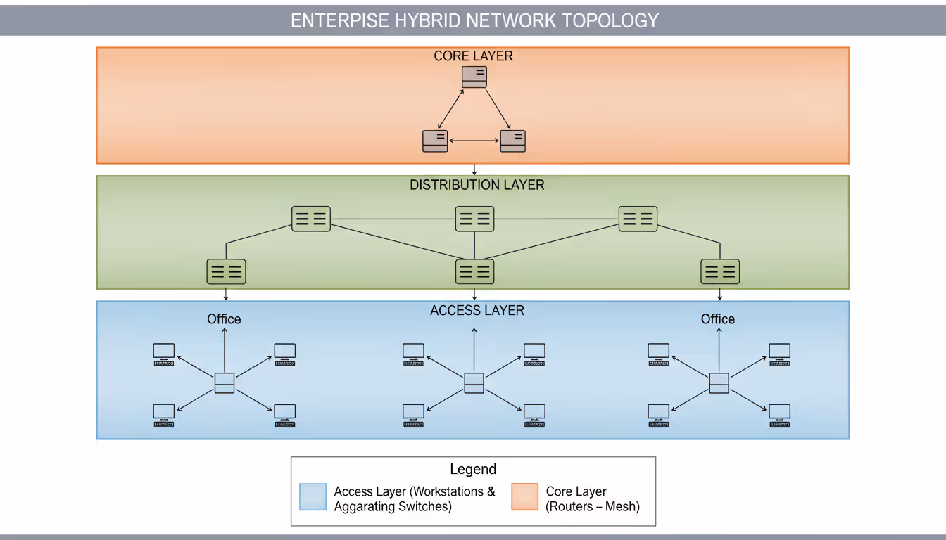 Network engineer workspace with a large monitor displaying a network topology mapping tool, a laptop showing CLI terminal, colored patch cables, and a notepad on a modern office desk