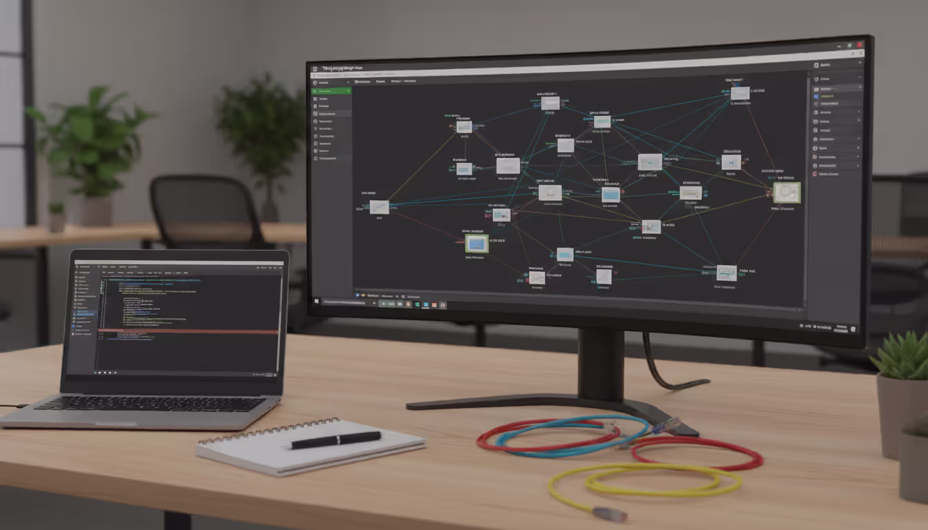 Close-up of a server rack split view showing neatly organized color-coded cables with labels on the left side versus messy tangled cable spaghetti on the right side