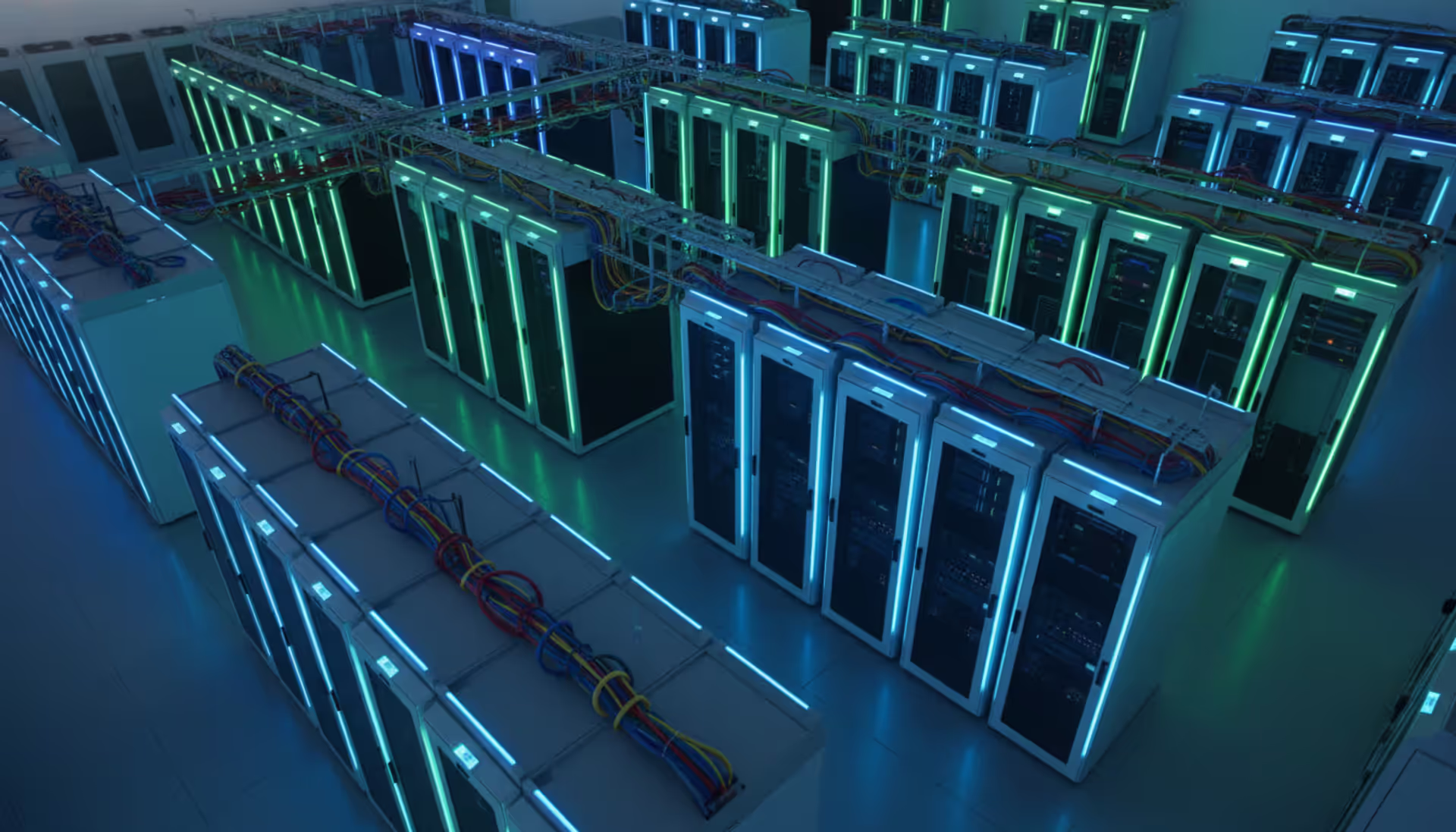 Top-down view of a modern server room with neatly organized server racks illuminated by blue and green LED lights and color-coded network cables in cable trays